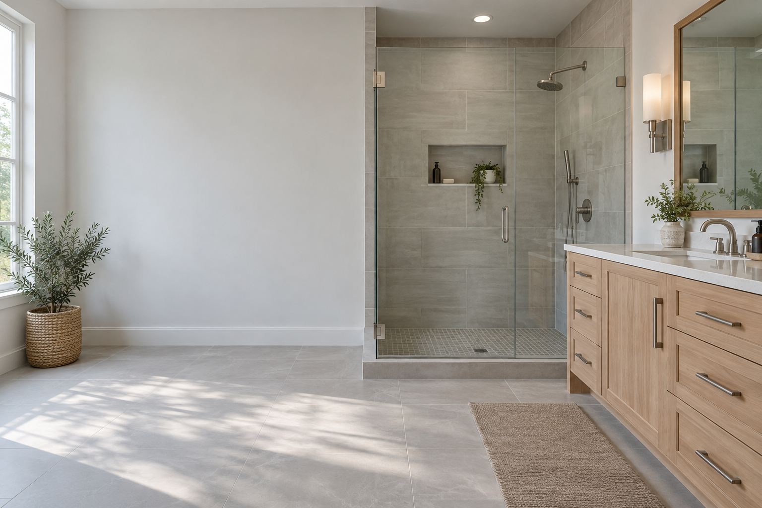 Generated bathroom design concept with an oak vanity and tiled shower